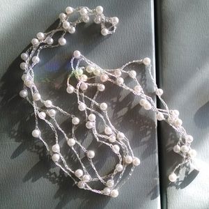 44" Long Faux Pearl Necklace on Thin Silver Cord
